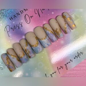 Long square white light blue purple press on nails marble gold foil flakes matte